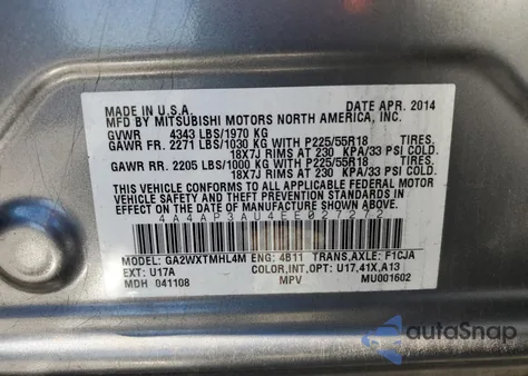 2014 Mitsubishi Outlander Sport Es from USA, damaged, VIN 4A4AP3AU4EE027272